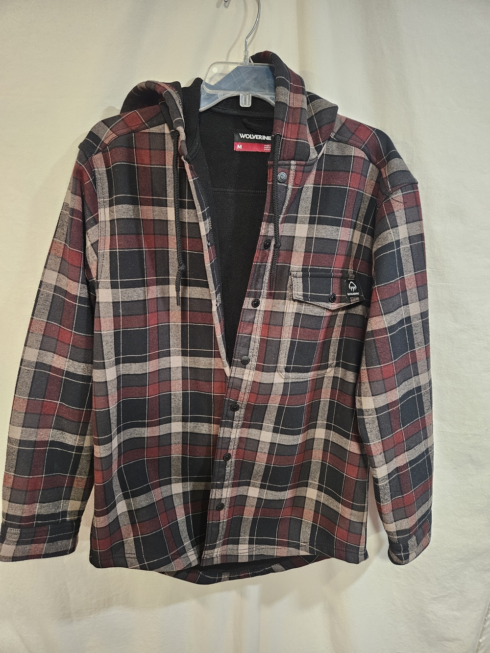 Wolverine Maroon and Black Plaid Hooded Flannel Shirt Jacket